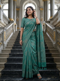 Semi Silk Sea Green Self-Tone Polka Dot Saree with Tassels