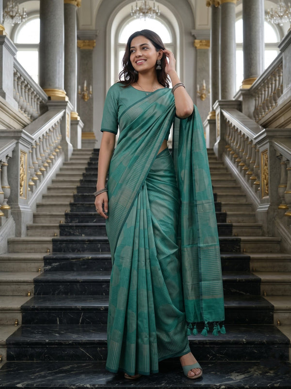 Semi Silk Sea Green Self-Tone Polka Dot Saree with Tassels