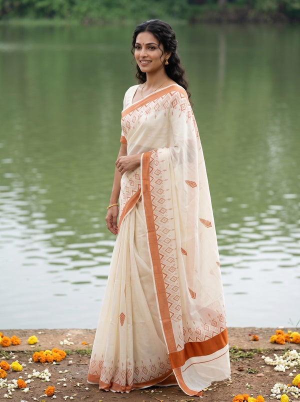 Cotton Off-White Orange Aztec Print Onam Special Kerala Saree