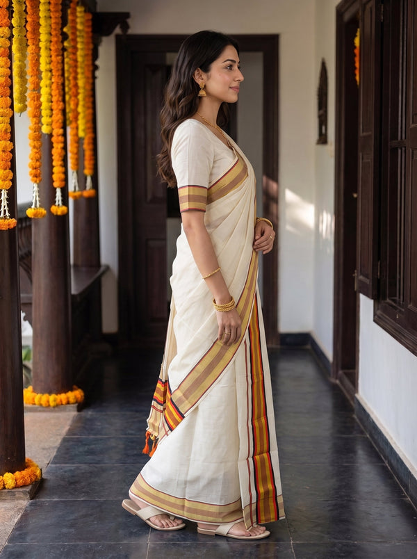 A woman wearing a cream-colored traditional saree with orange and gold borders, standing in a corridor decorated with marigold garlands.