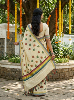 Tissue Cream Multicolor Leaf Print Onam Special Kerala Saree