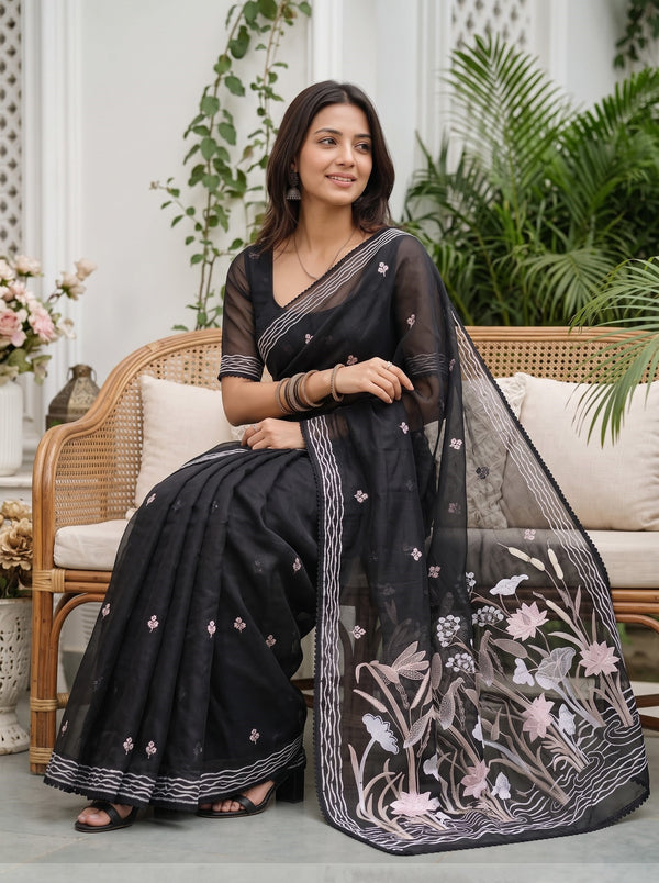 Organza Black Lotus Pond Dragonfly Embroidery Scenic Pallu