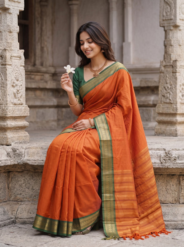 Semi Silk Orange Golden Pinstripe Saree with Green Zari Border