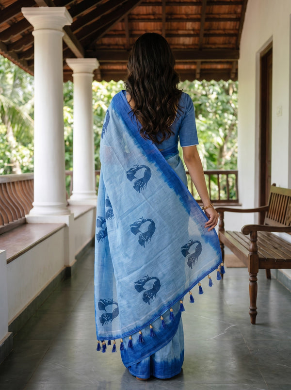 Cotton Sky Blue Navy Face Print Royal Blue Ombre Border Saree