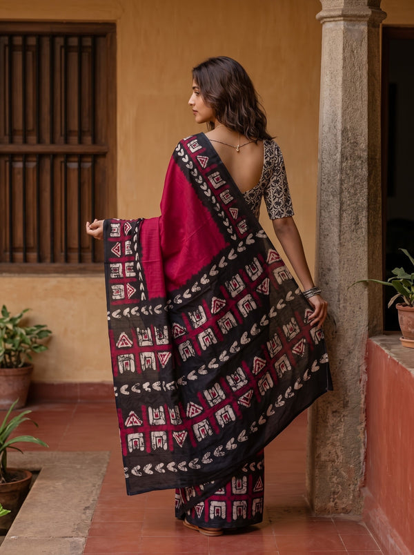 Mul Cotton Black Tribal Batik Print Saree