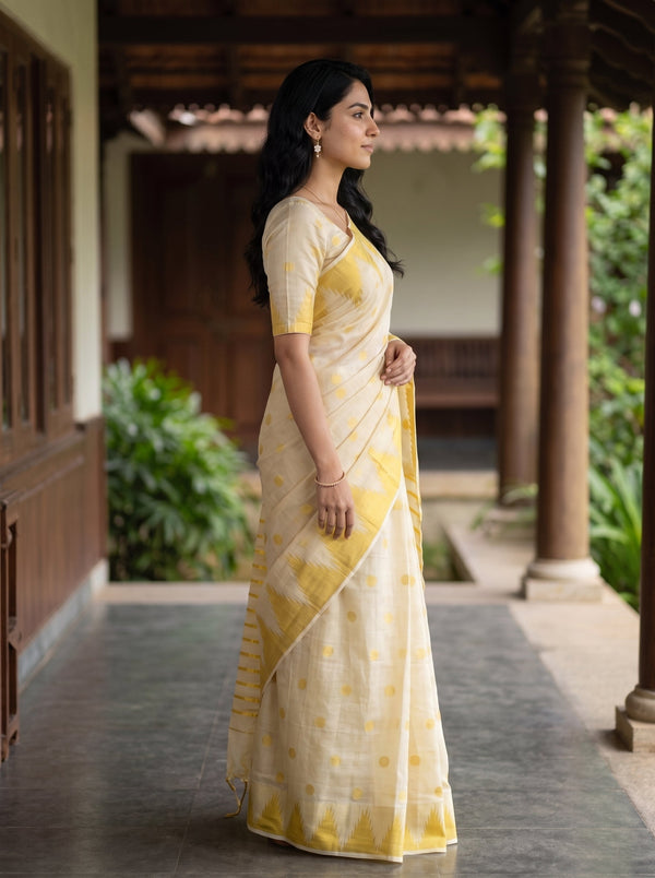 Tissue  Cream Golden Polka Dot Temple Border Onam Kerala Saree
