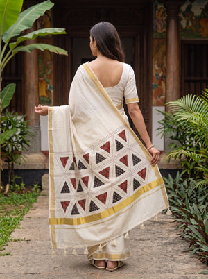 Cotton Cream Ajrakh Triangle Patchwork Kantha Stitch Pallu Golden Kasavu Border Kerala Saree