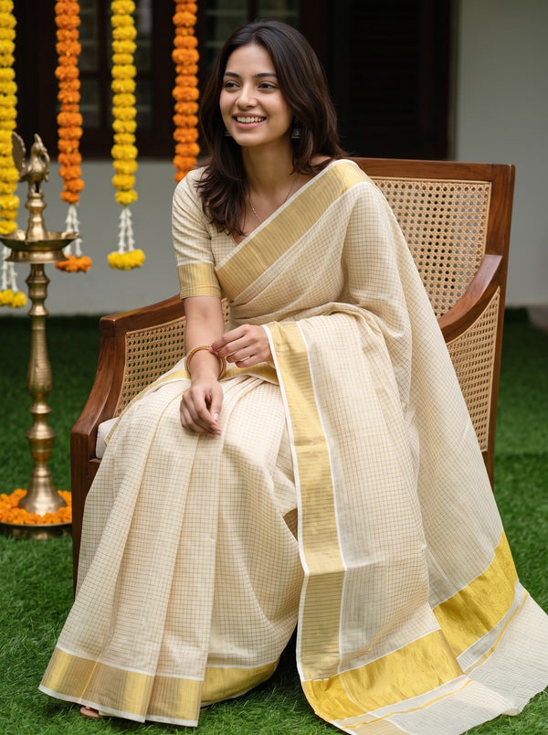 Tissue Cream Golden Fine Check Body Solid Zari Border Onam Festive Kerala Saree