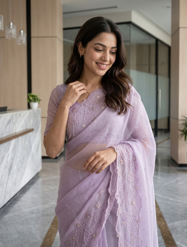 Chiffon Lavender Saree with Web Pattern Beadwork Design