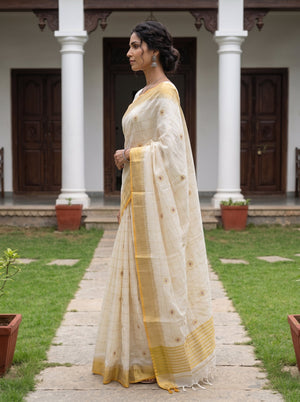 Cotton Cream Checkered Floral Booti Gold Lace Border Onam Kerala Saree