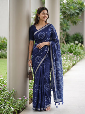 Cotton Batik Print Saree in Navy Blue with Tie-Dye Circle Motifs