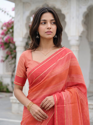 Chanderi Cotton Red Ombre Vertical Stripe Saree with Golden Zari Pallu