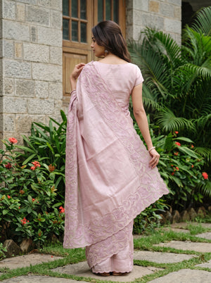 Semi Tussar Lavender Floral Vine Applique Embroidered Net Cutwork Pallu Saree with Scalloped Border