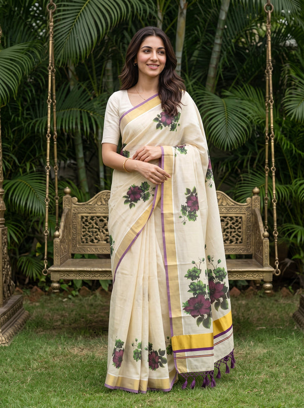 Tissue Cream Kerala Saree with Purple Floral Print Pallu, Golden Zari and Purple Border