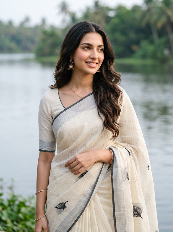 Cotton Off-White Black Leaf Print Onam Special Kerala Saree