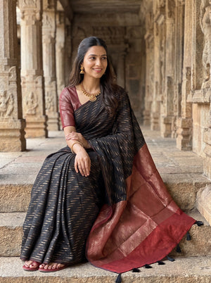 Matka Silk Black Red Diagonal Streak Zari Diamond Saree with Tassels