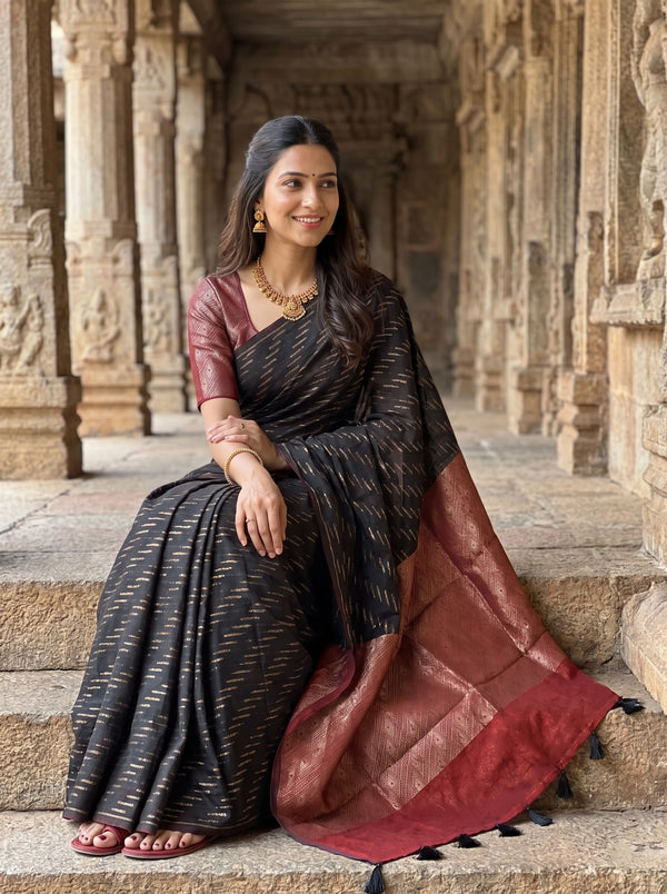 Matka Silk Black Red Diagonal Streak Zari Diamond Saree with Tassels