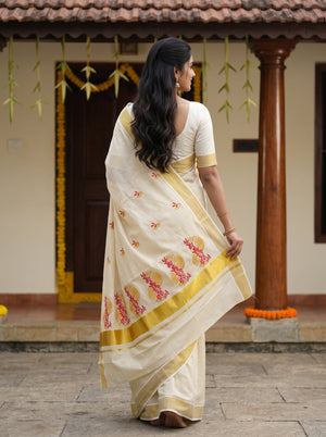 Tissue Cream Red Floral Spring Embroidery Onam Special Kerala Saree with Golden Border