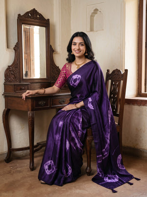 Synthetic Deep Purple Tie Dye Ring Pattern Saree with Tassels