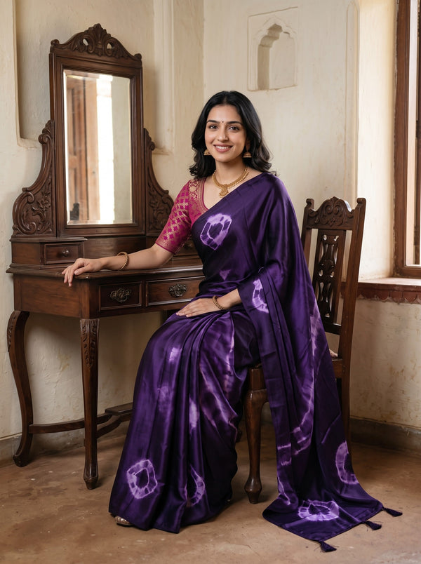 Synthetic Deep Purple Tie Dye Ring Pattern Saree with Tassels