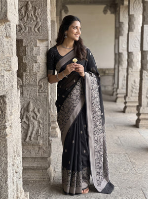Banarasi Silk Black and Floral Vine Pallu Saree
