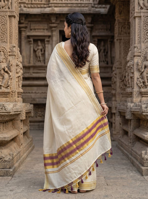 Cotton Cream Kerala Saree with Checkered Design, Golden Zari and Purple Striped Border