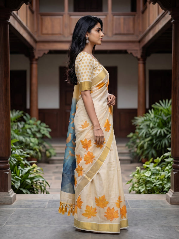 Tissue Cream Lord Krishna & Radha Print Pallu Set Saree