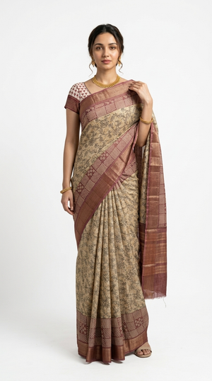 Cotton Beige Floral Printed Saree with Maroon Border