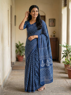 Cotton Navy Blue Saree with White Bagru Block Print
