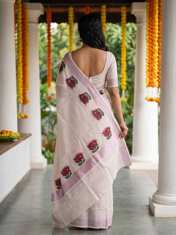Cotton Cream Checkered Red Ixora Floral Print Onam Special Kerala Saree with Lilac Border