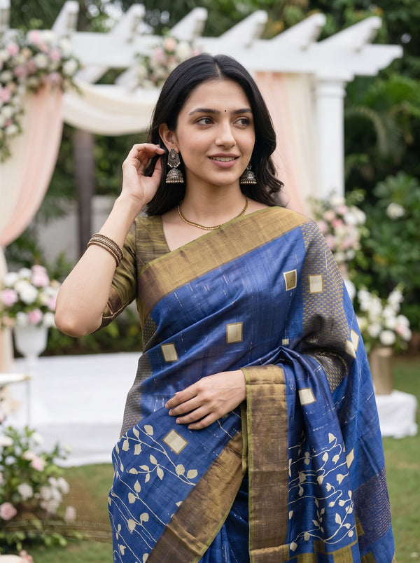 Tussar Silk Royal Blue Saree with Geometric Checks Printed Pallu