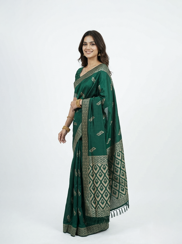 Semi Silk Dark Green Diamond Motif Saree