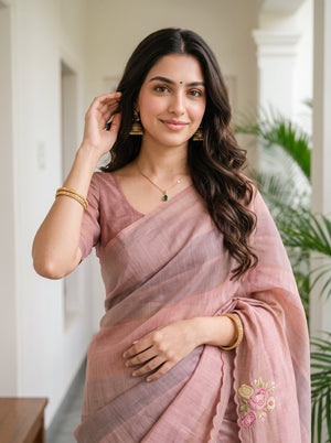 Tissue Dusty Rose Pink Yellow Applique Floral Embroidered Pallu Saree