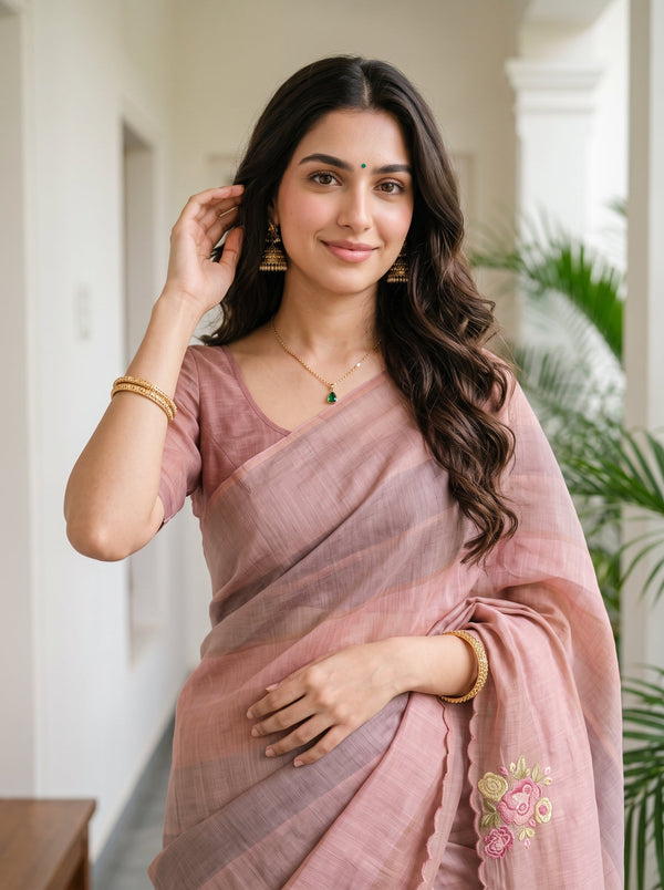 Tissue Dusty Rose Pink Yellow Applique Floral Embroidered Pallu Saree