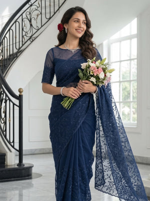 Organza Navy Blue Saree with Sequin Floral Vine Embroidery