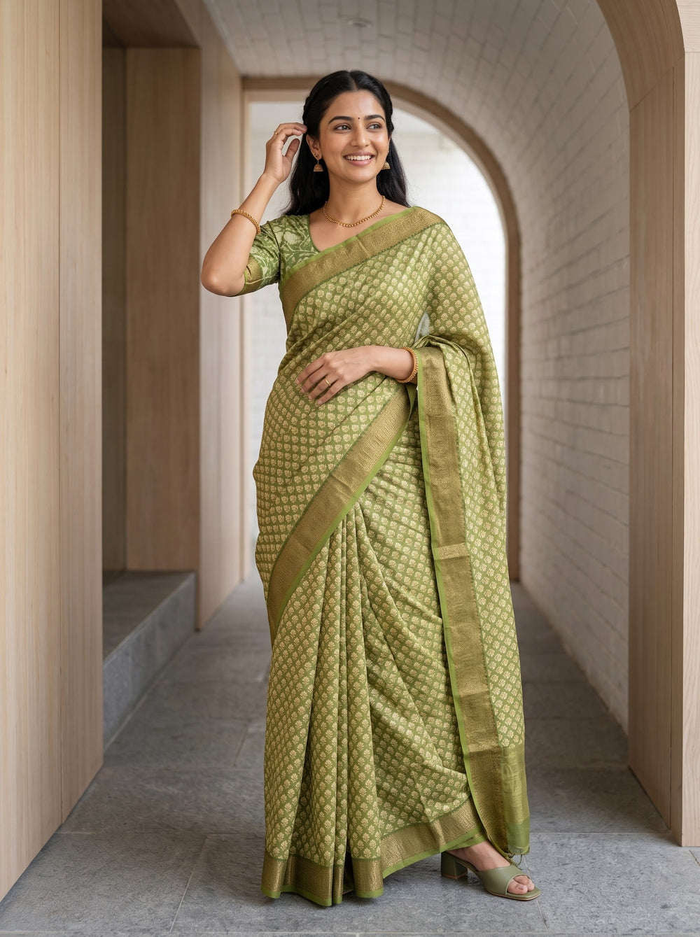 Pure Chanderi Green Saree with Golden Floral Butta Print
