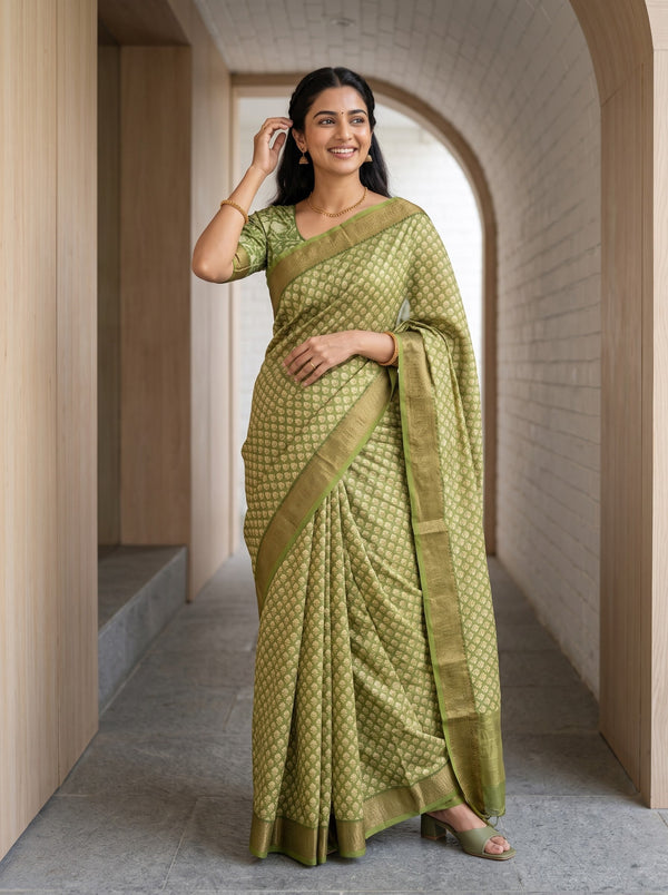 Pure Chanderi Green Saree with Golden Floral Butta Print
