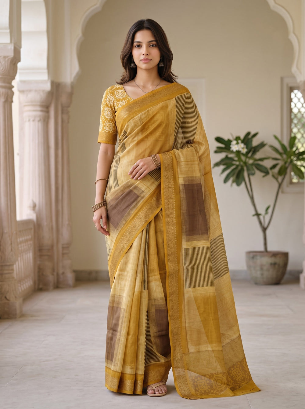 Pure Chanderi Mustard Golden Abstract Batik Print Medallion Border Saree