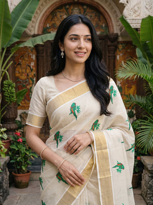 Tissue Cream Golden Green Parrot Embroidered Pallu Broad Kasavu Zari Border Kerala Saree