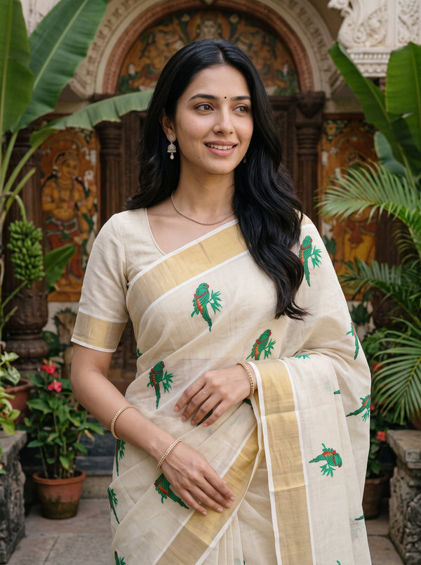 Tissue Cream Golden Green Parrot Embroidered Pallu Broad Kasavu Zari Border Kerala Saree