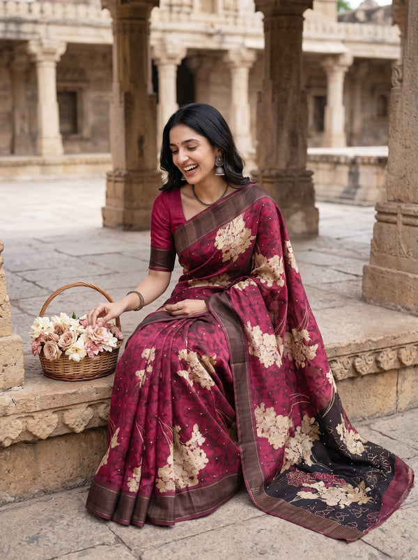 Tussar Silk Maroon Saree with Abstract Floral Pallu and Zari Thread Work