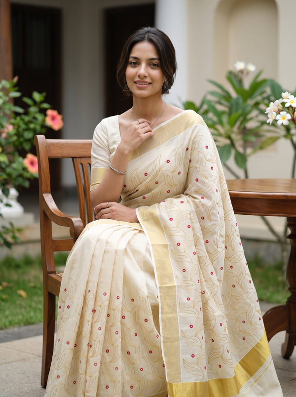 Tissue Cream Embroidered Leaf Kerala Kasavu Saree with Red Mirror Work