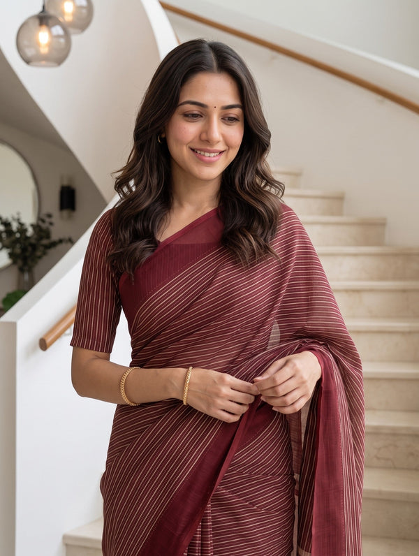 Organza Maroon Saree with Fine Pinstripe Weave