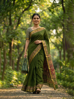 Chanderi Cotton Olive Green Ikat Border Saree