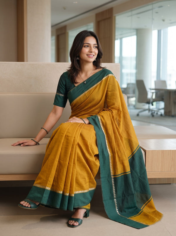 Cotton Silk Mustard Yellow Bottle Green Dual-Tone Saree