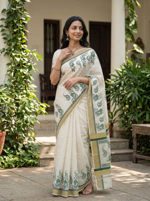 Cotton Cream Green Paisley Print Kerala Saree with Temple Border