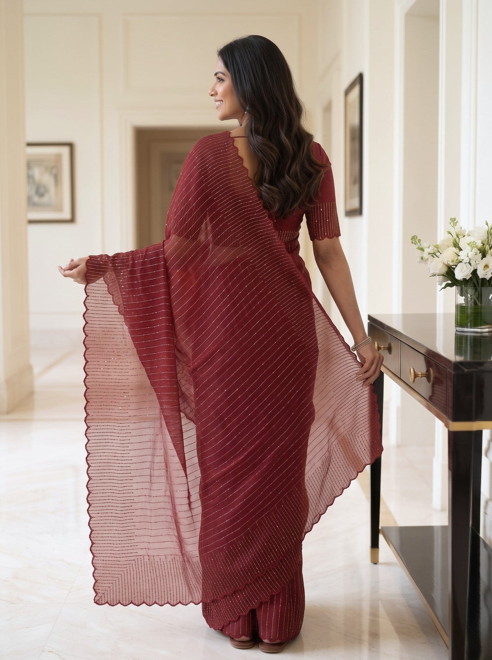 Organza Deep Red Allover Sequin Line Work Scalloped Edge Saree