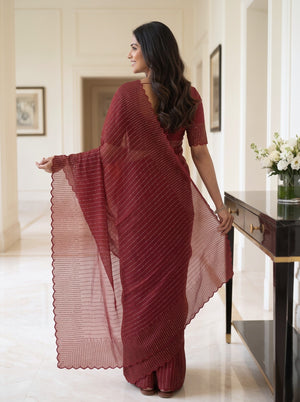 Organza Deep Red Allover Sequin Line Work Scalloped Edge Saree