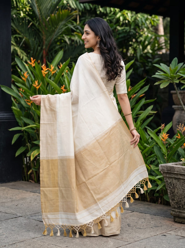 Cotton Cream Plain Body Broad Golden Tissue Zari Pallu Kasavu Border Crochet Tassel Kerala Saree