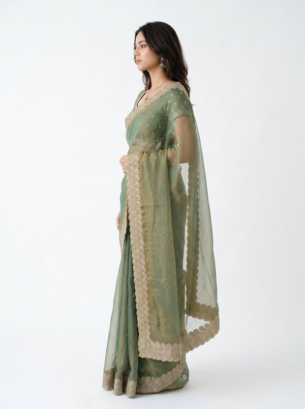 Shimmer Organza Sage Green Stone Studded Saree with Zari Scalloped Border